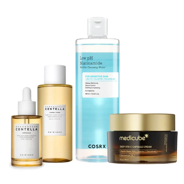 Set completo per la pulizia e l'idratazione con acqua micellare, tonico, fiala e crema
