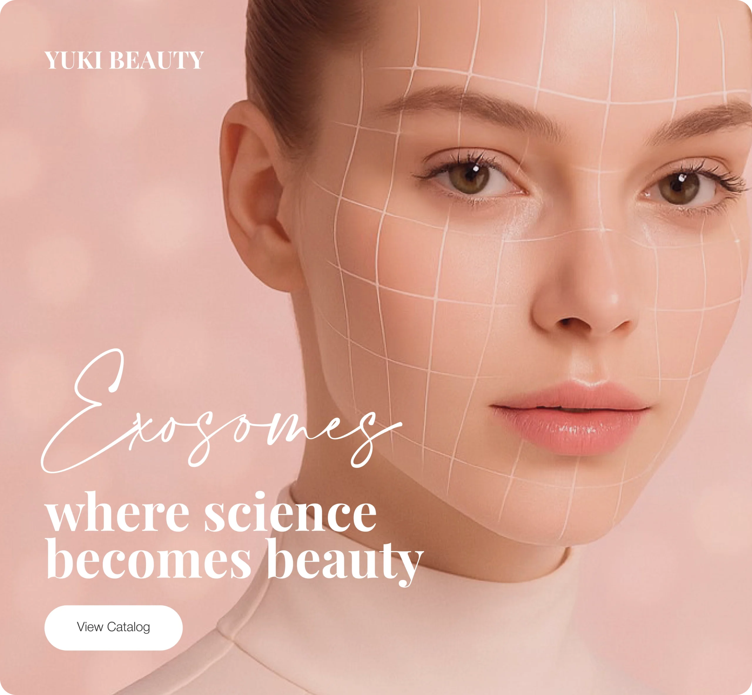 Close-up of woman with smooth skin and facial grid lines promoting Yuki Beauty exosome skincare treatment
